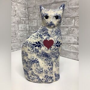 Vintage Ceramic Cat Figurine Blue White Sponge Painted Heart Handcrafted Country